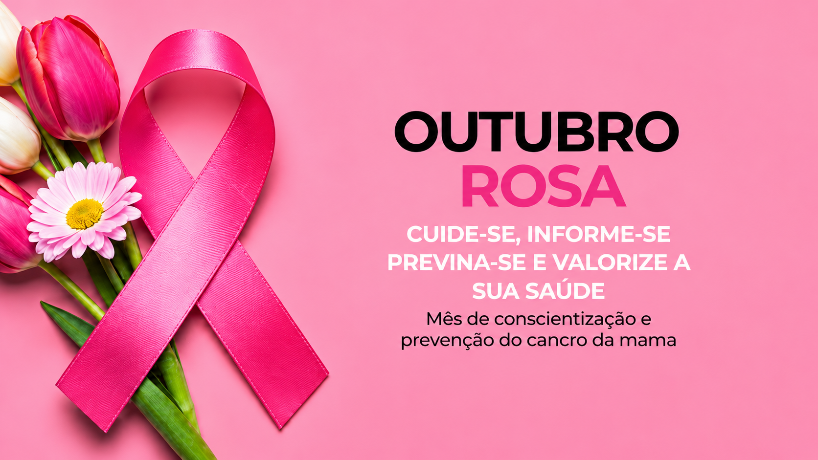 Fita rosa do Outubro Rosa com tulipas e margaridas — Mês de consciencialização e prevenção do cancro da mama