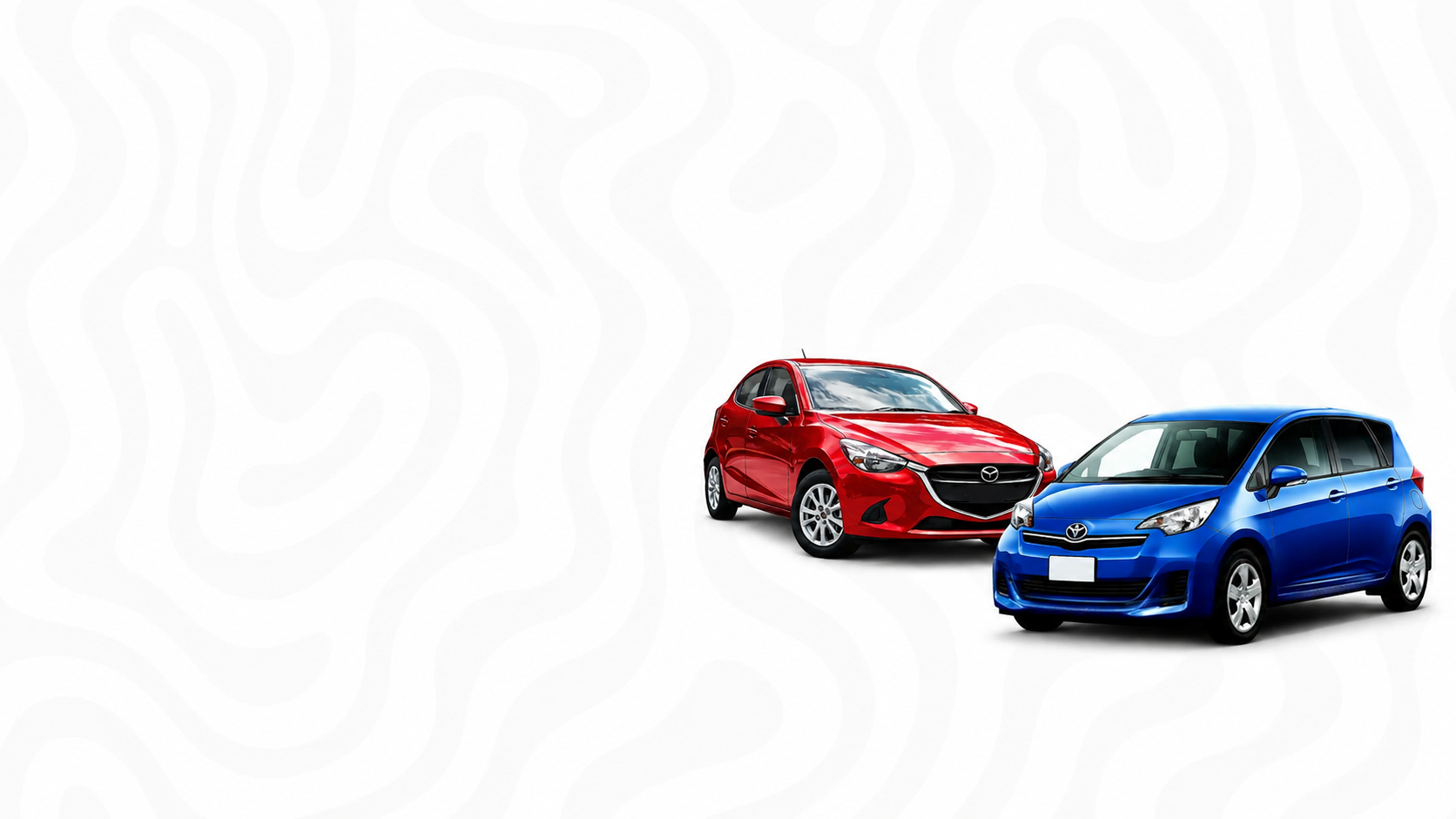 Dois automóveis compactos, um vermelho e um azul, sobre fundo claro